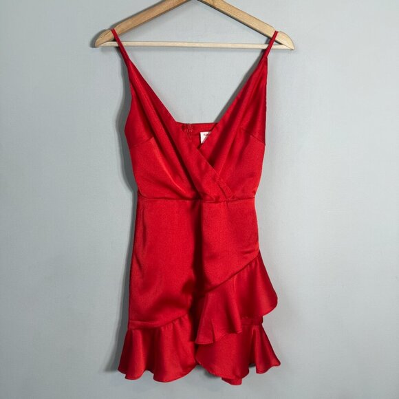 Showpo Cloud Cover Faux Wrap Ruffle Mini Dress Womens 2 Red Cocktail Party Girly - Picture 6 of 14